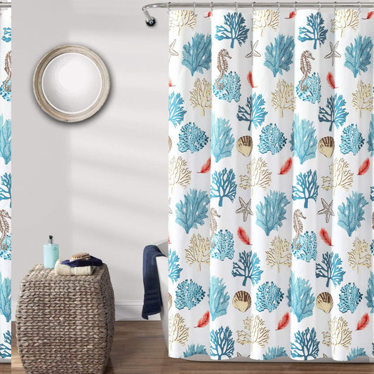 Coastal Reef Blue Coral Starfish Seahorse Shower Curtain