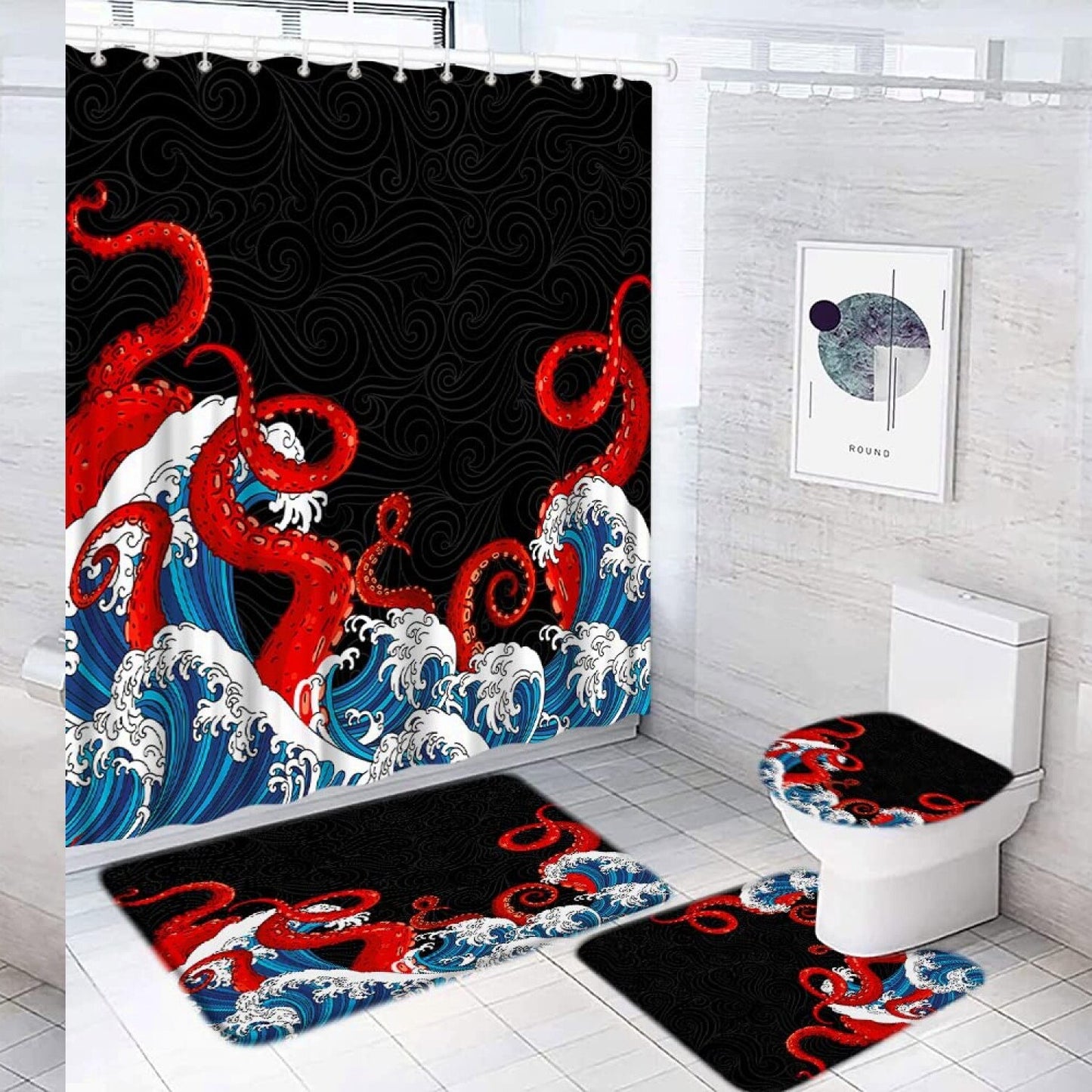 Nautical Octopus Shower Curtain Set 4 Pieces