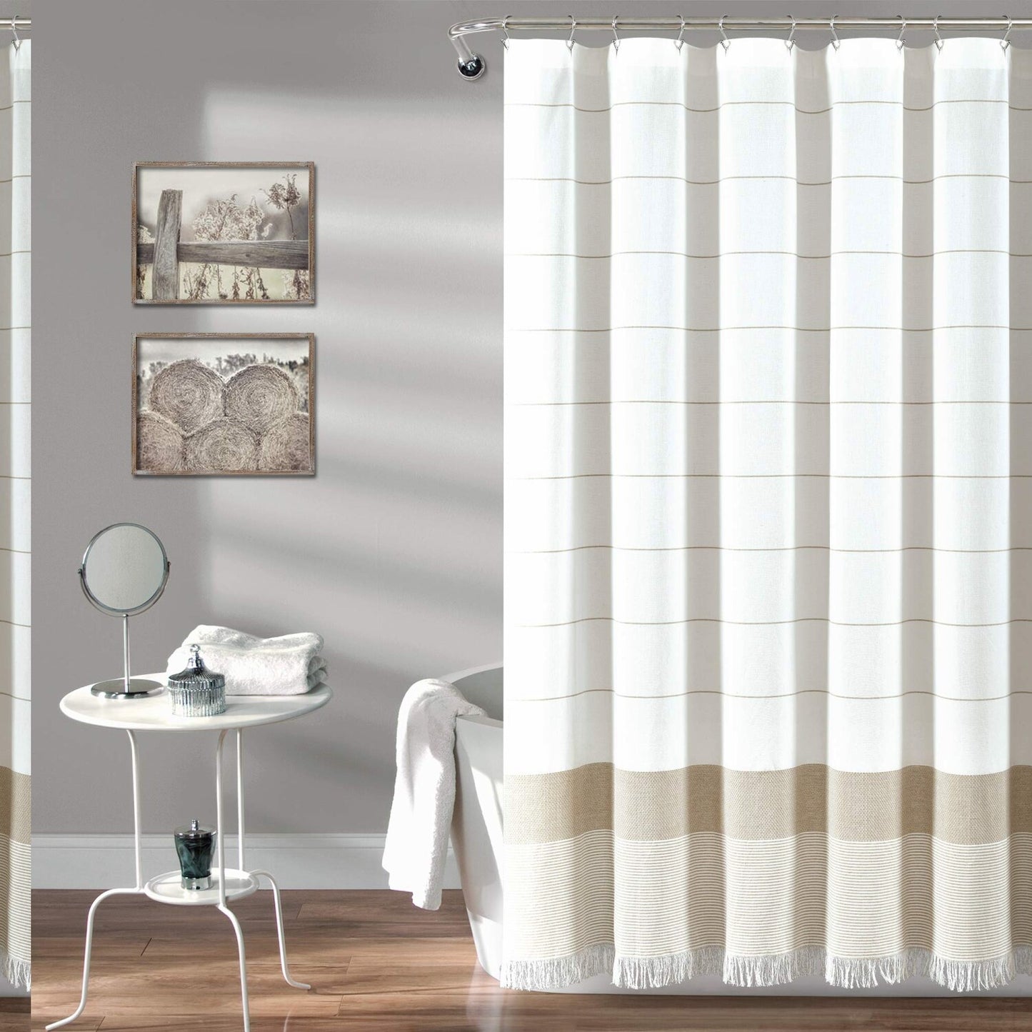 White Cotton Shower Curtain with Taupe Stripe 72x72