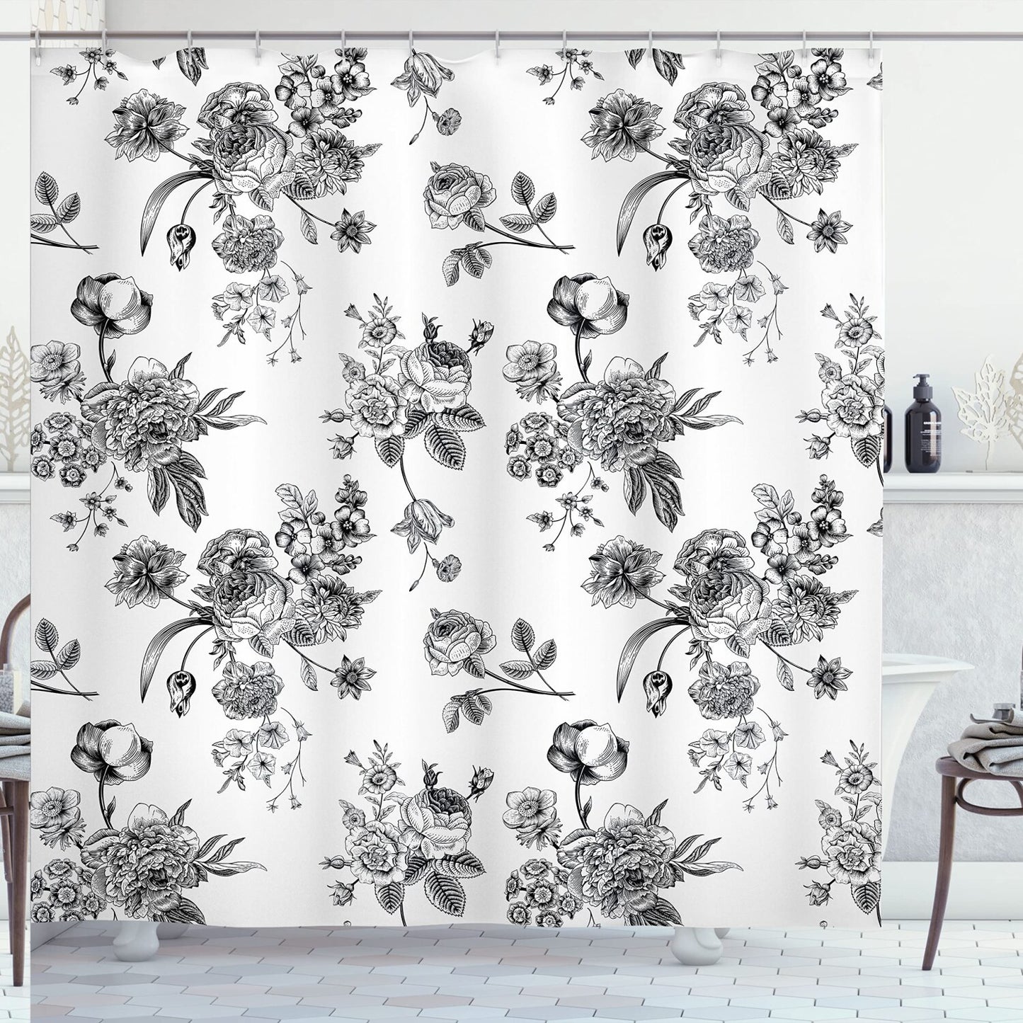 Black and White Vintage Floral Shower Curtain 69" x 75"