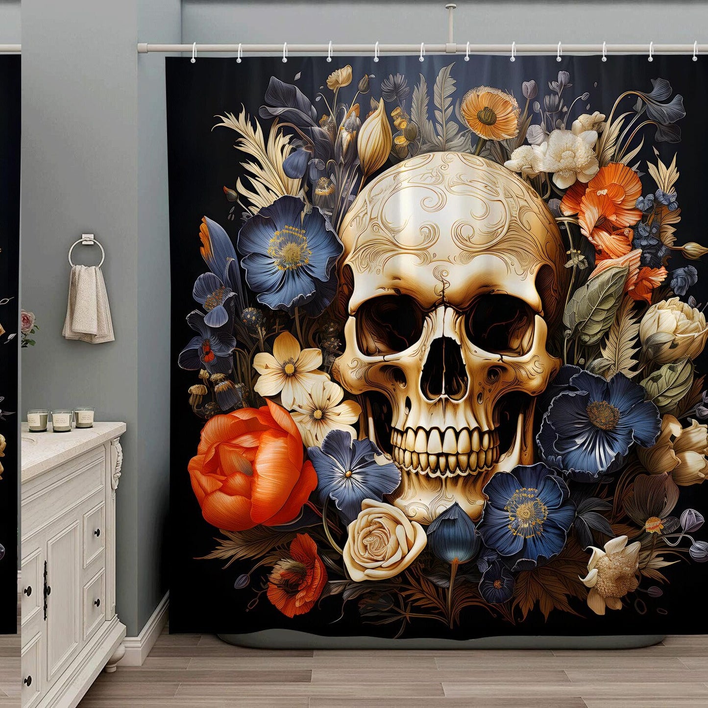 Skull Floral Shower Curtain 70x70 Inches
