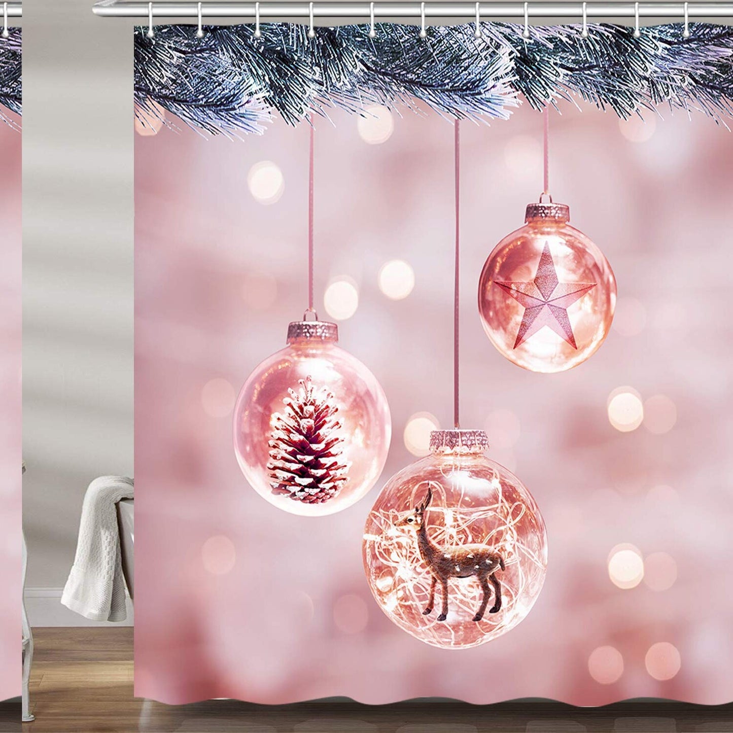 Pink Ball Decor Shower Curtain 69x70 Inches with 12 Hooks