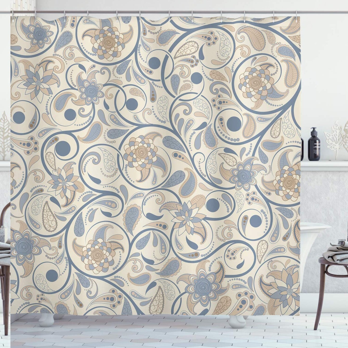 Vintage Oriental Scroll Shower Curtain 69" x 75" Eggshell Grey