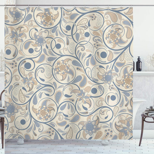 Vintage Oriental Scroll Shower Curtain 69" x 75" Eggshell Grey