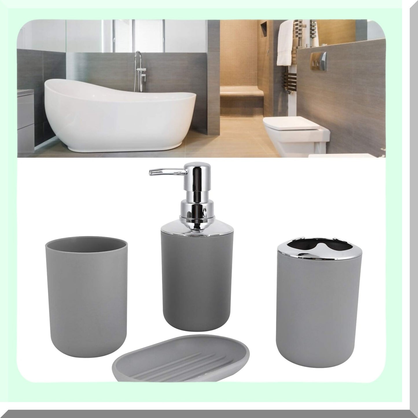 Bathroom Kit Accessory 4Pcs Set Gray Plastic