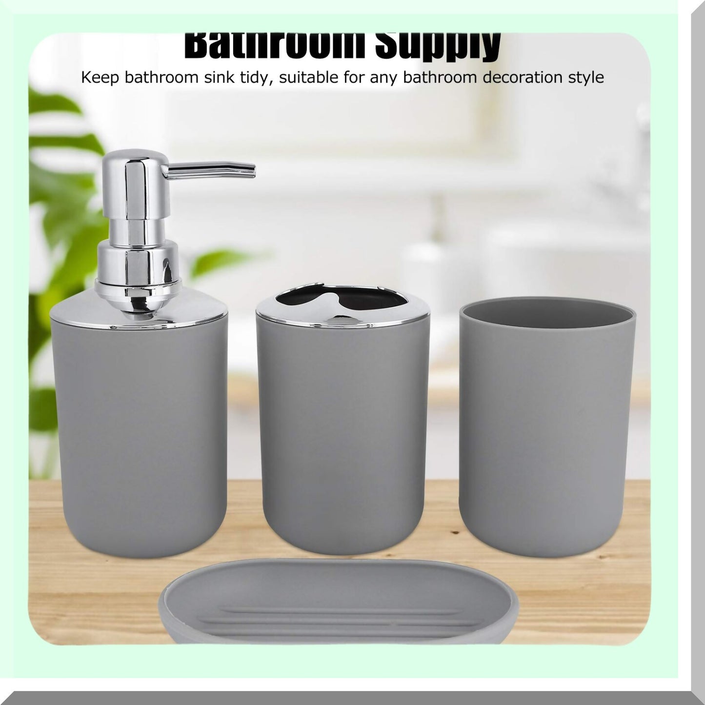 Bathroom Kit Accessory 4Pcs Set Gray Plastic