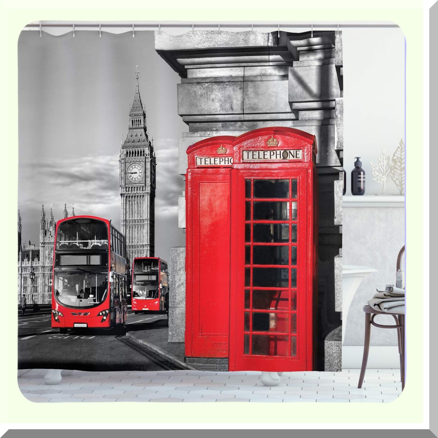 London Telephone Booth Shower Curtain 69" x 84" Red Grey