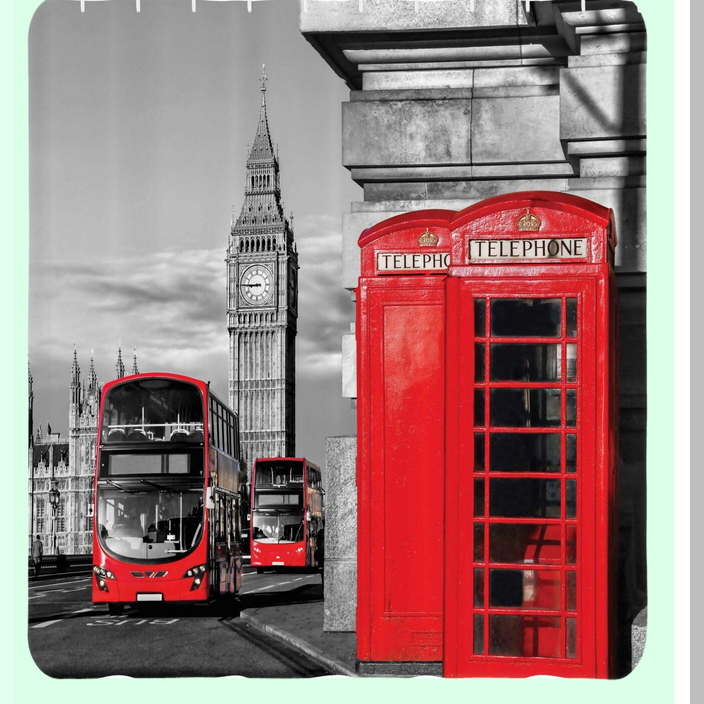 London Telephone Booth Shower Curtain 69" x 84" Red Grey