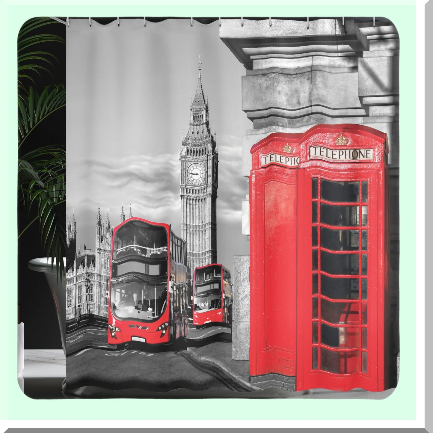 London Telephone Booth Shower Curtain 69" x 84" Red Grey