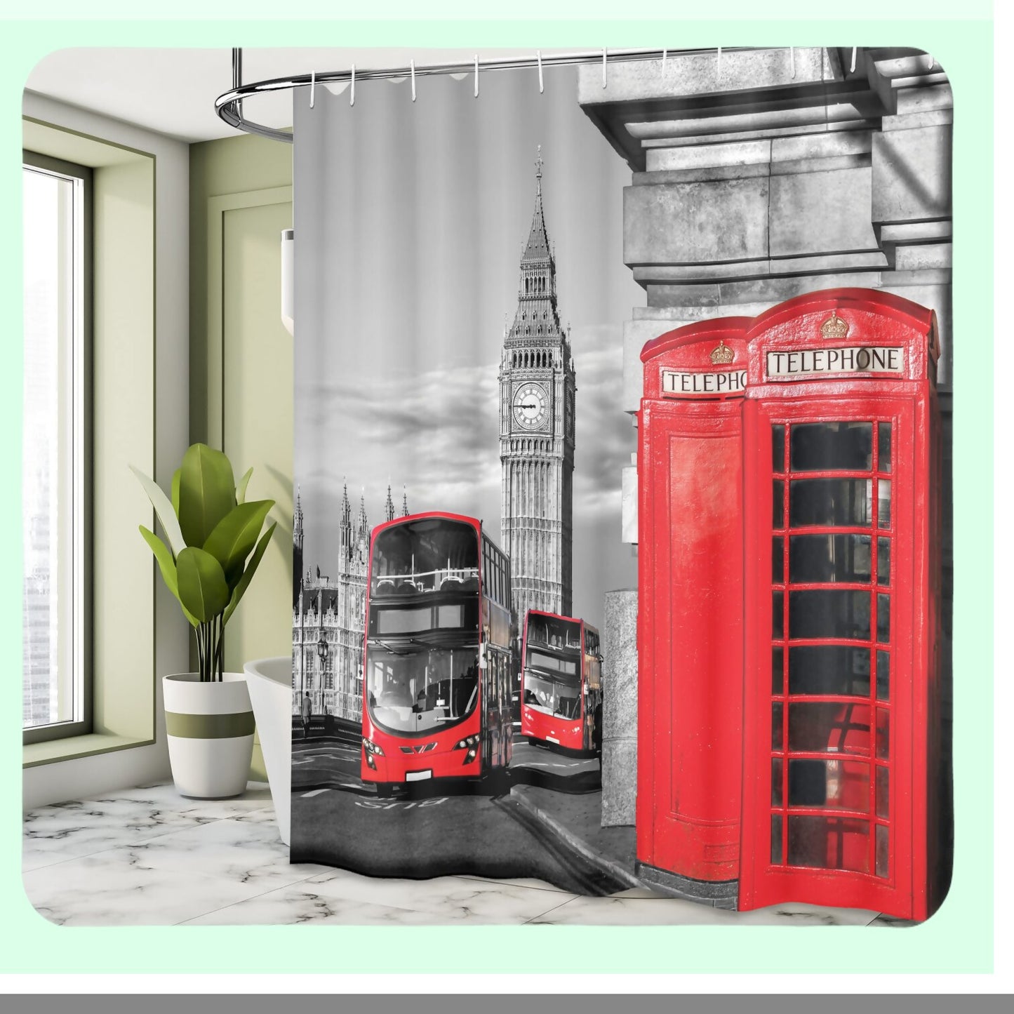 London Telephone Booth Shower Curtain 69" x 84" Red Grey