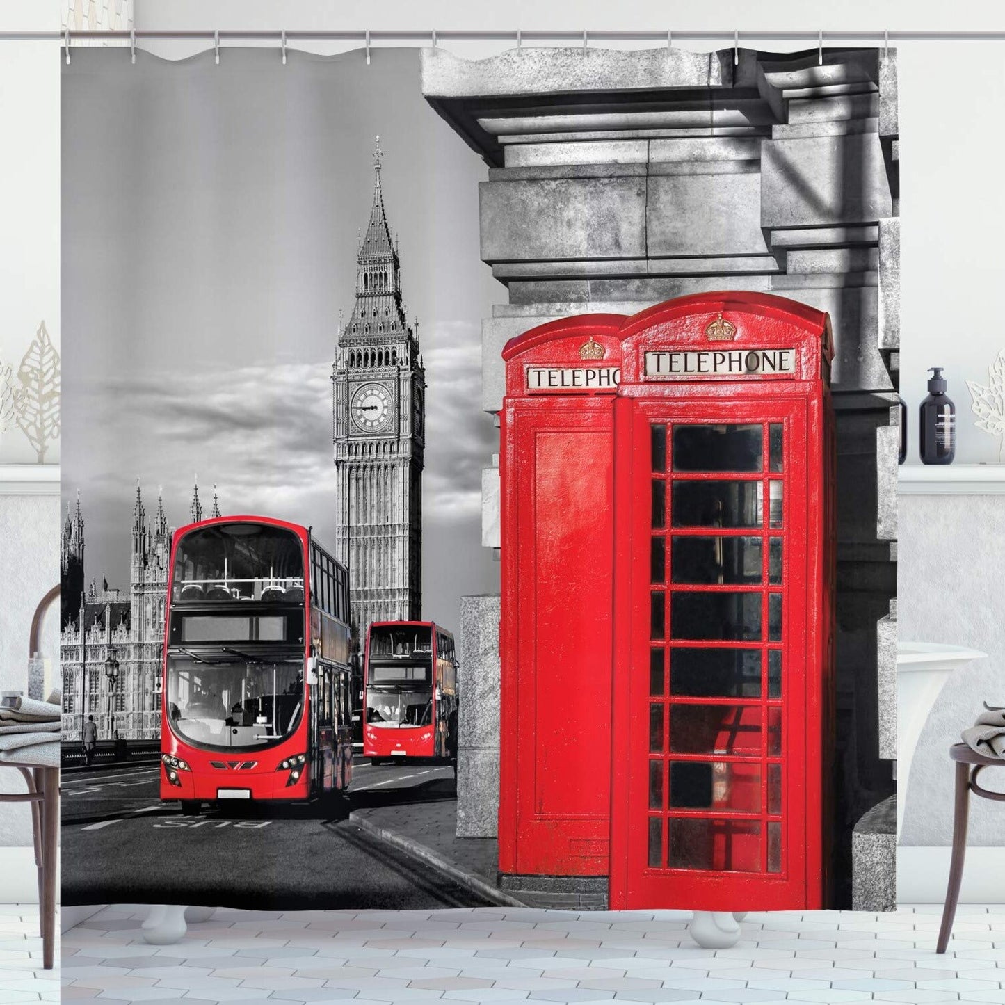 London Telephone Booth Shower Curtain 69" x 84" Red Grey