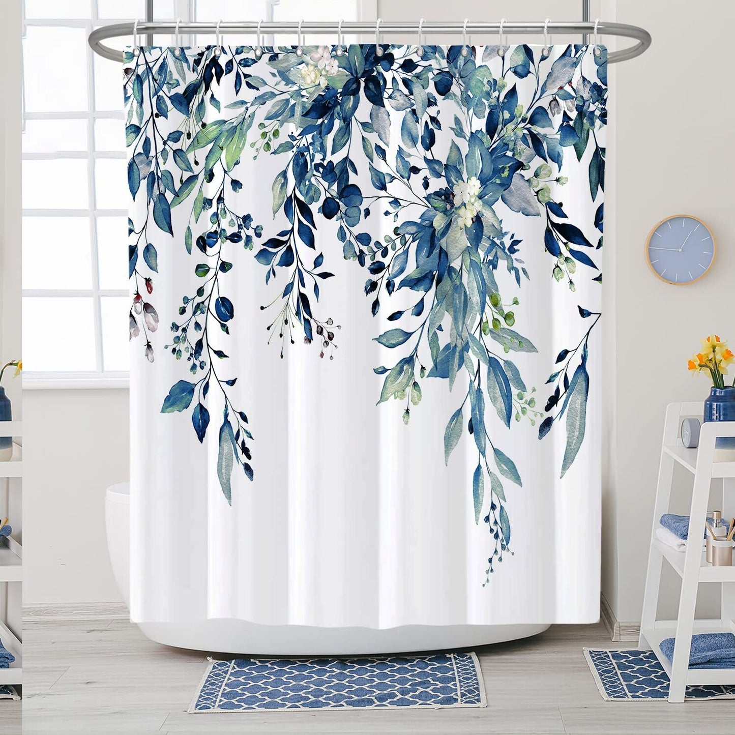 Blue Floral Eucalyptus Watercolor Shower Curtain 72x72