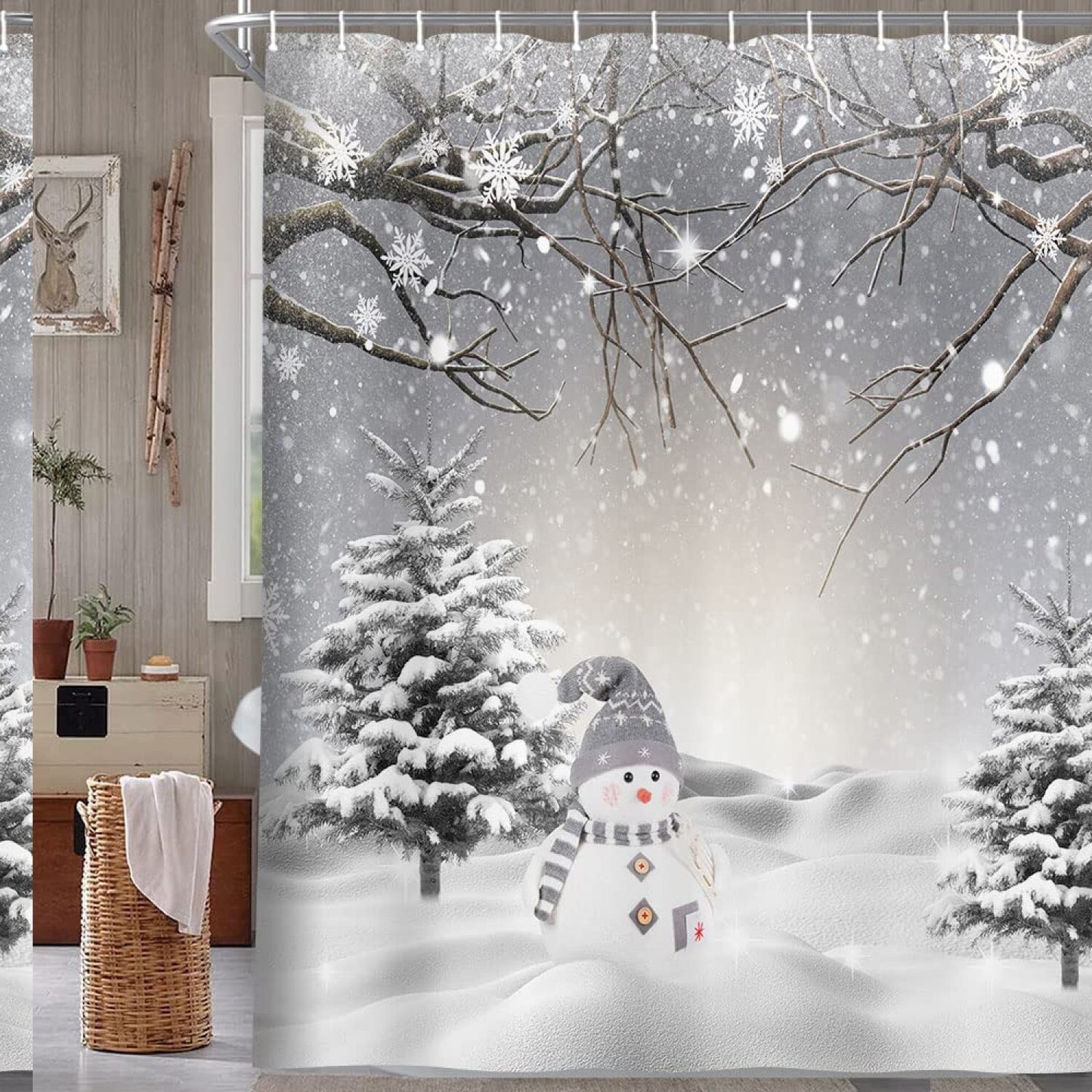 Winter Snowman Snowflake Shower Curtain 69x84 Inches