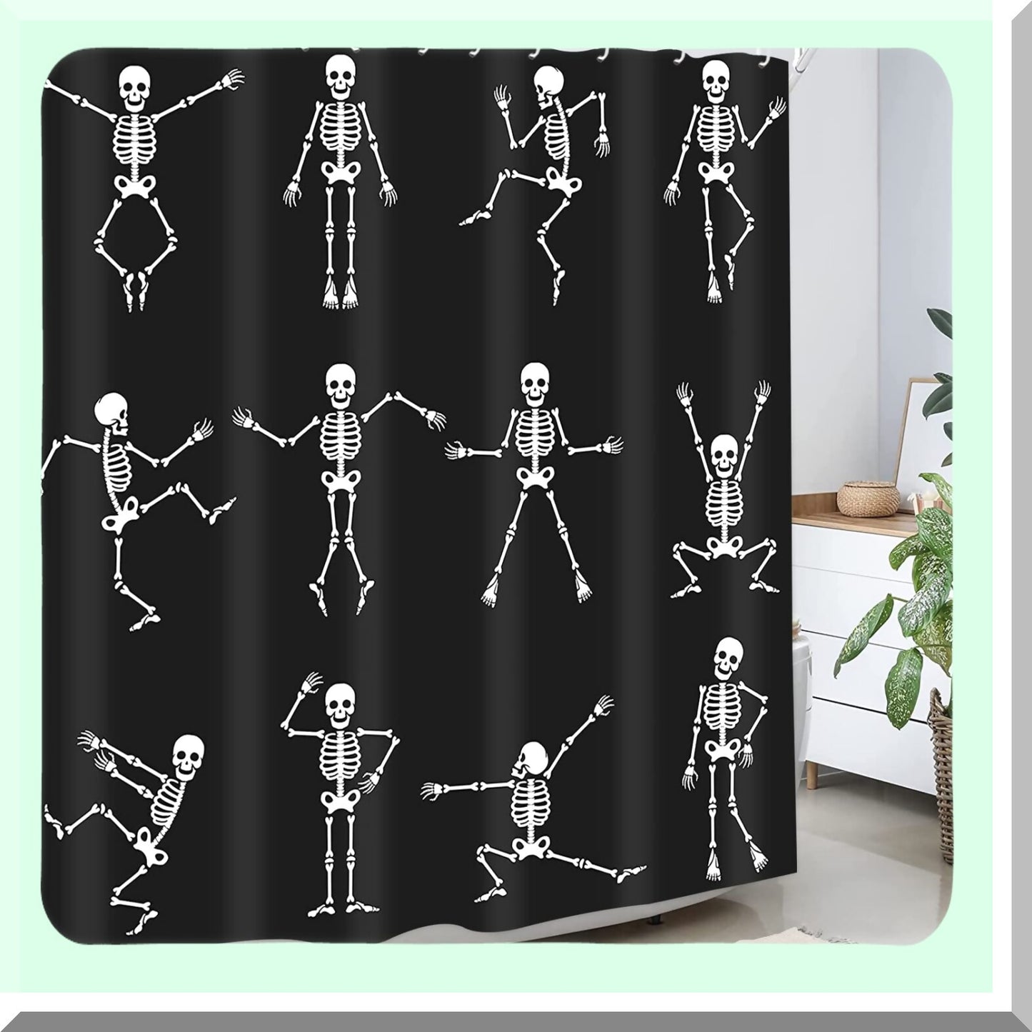 Skull Skeleton Shower Curtain Black 12 Hooks