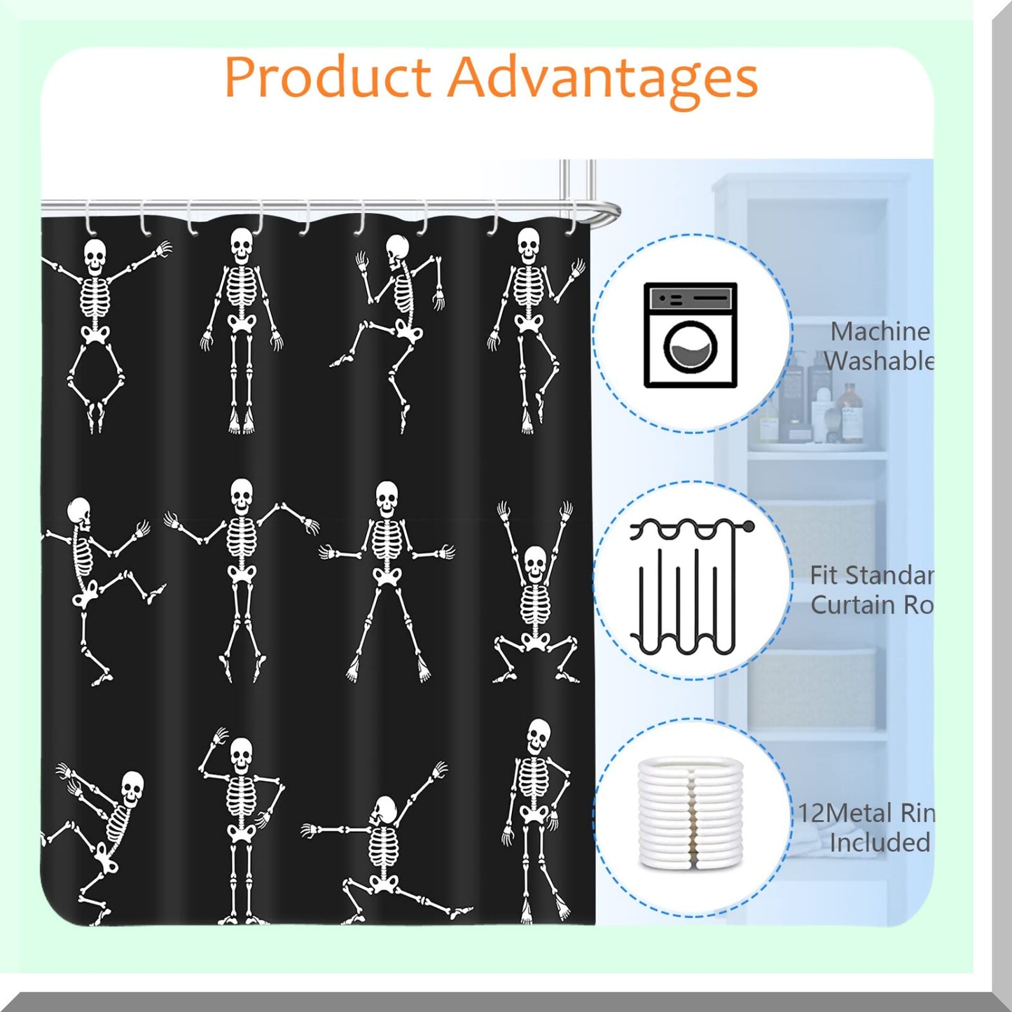 Skull Skeleton Shower Curtain Black 12 Hooks