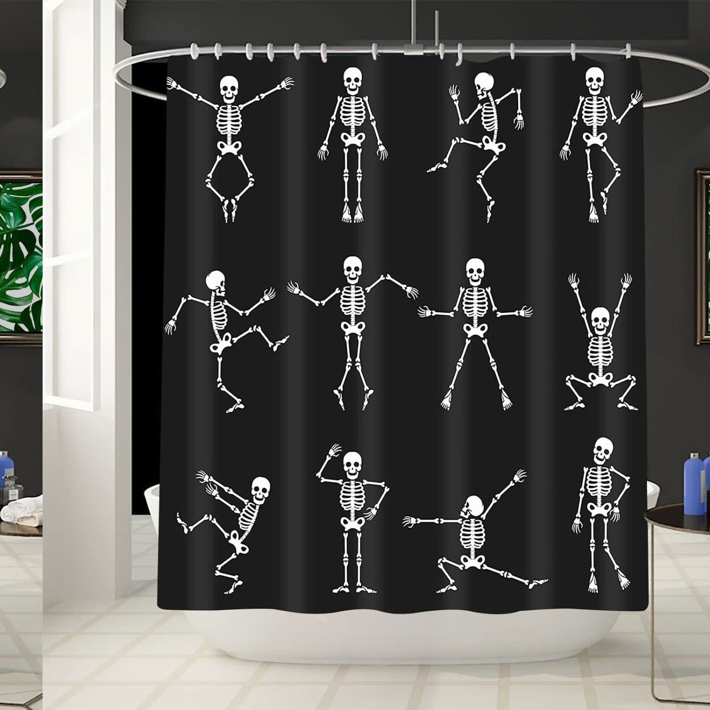 Skull Skeleton Shower Curtain Black 12 Hooks