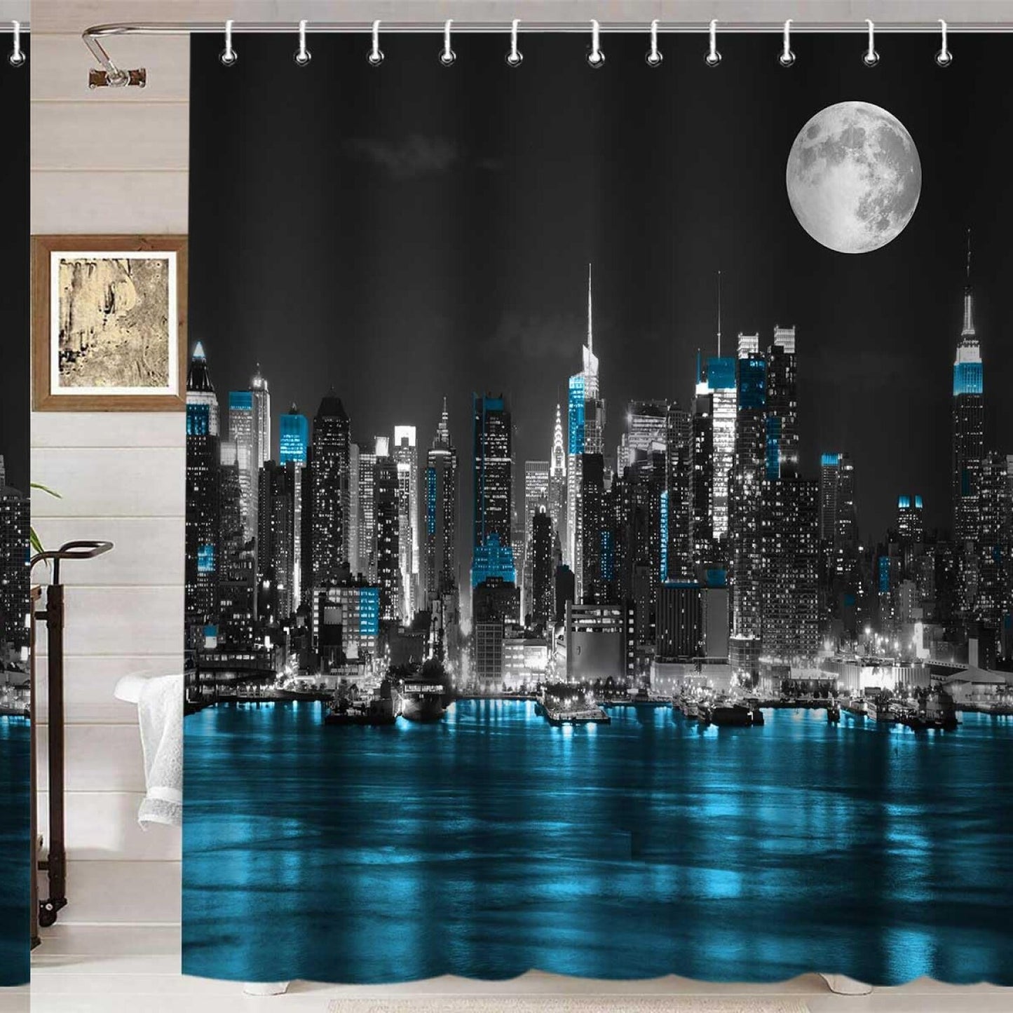 Cityscape Blue River Full Moon Shower Curtain 72x72 Inch