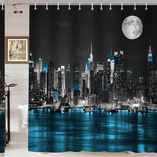 Cityscape Blue River Full Moon Shower Curtain 72x72 Inch