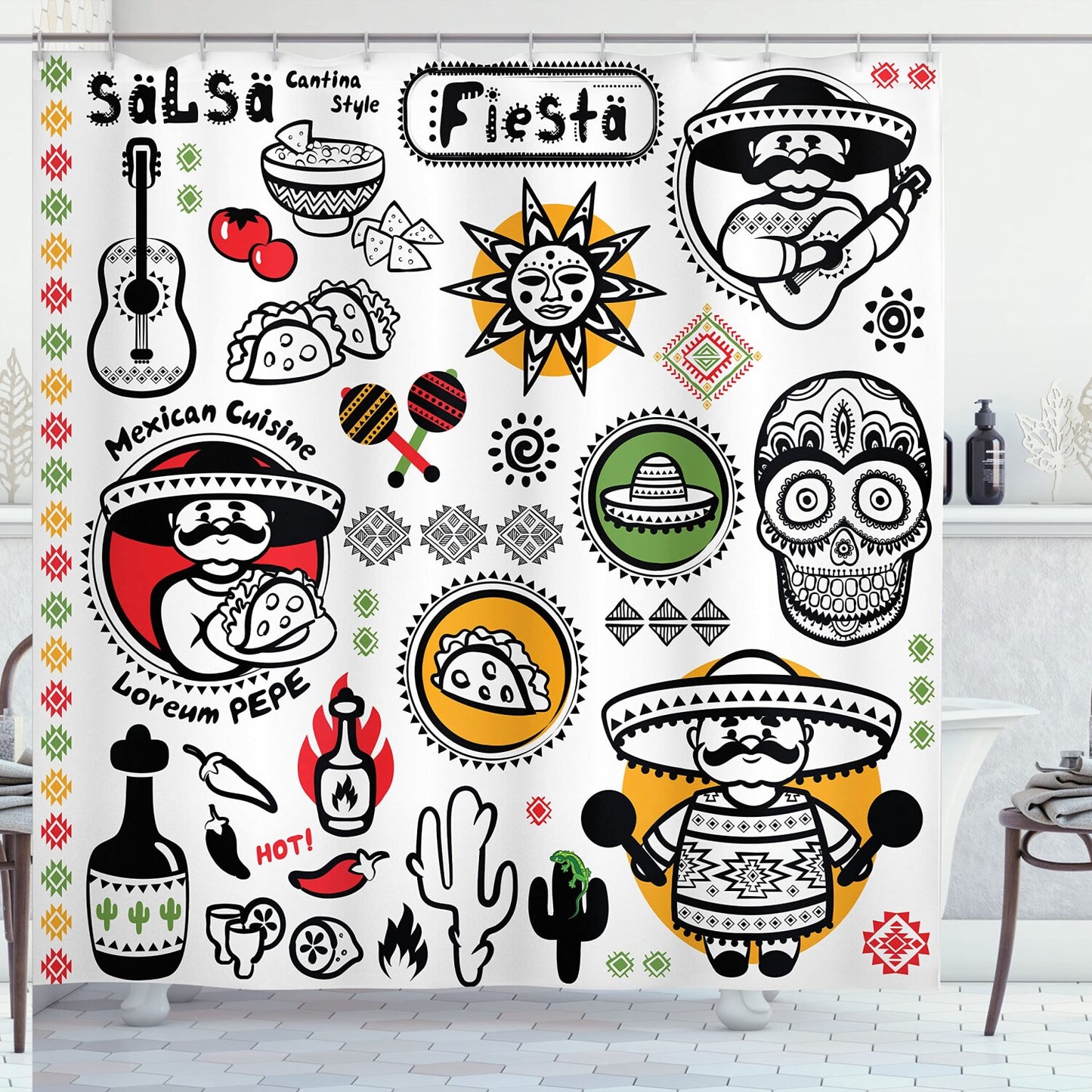 Mexican Shower Curtain Dead Skull Art 69x70 inches