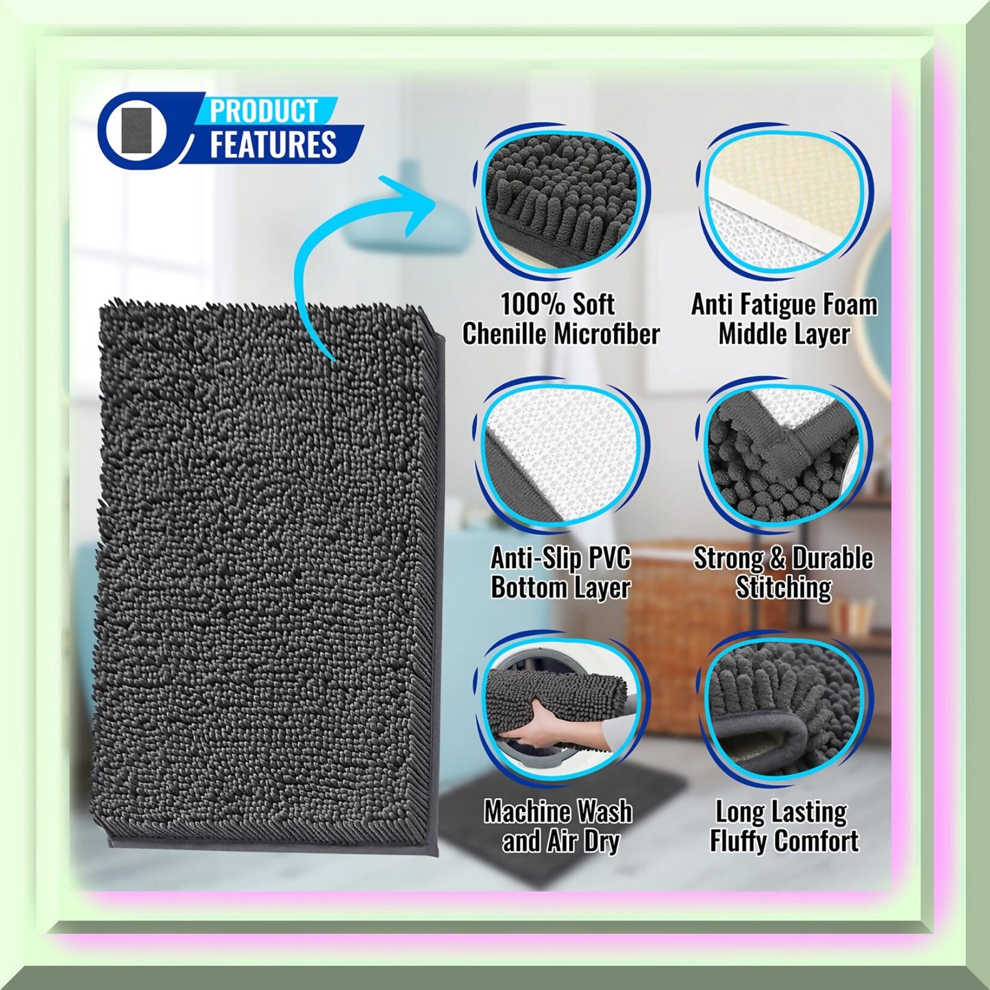 Charcoal Gray Chenille Microfiber Bath Rug 17x24