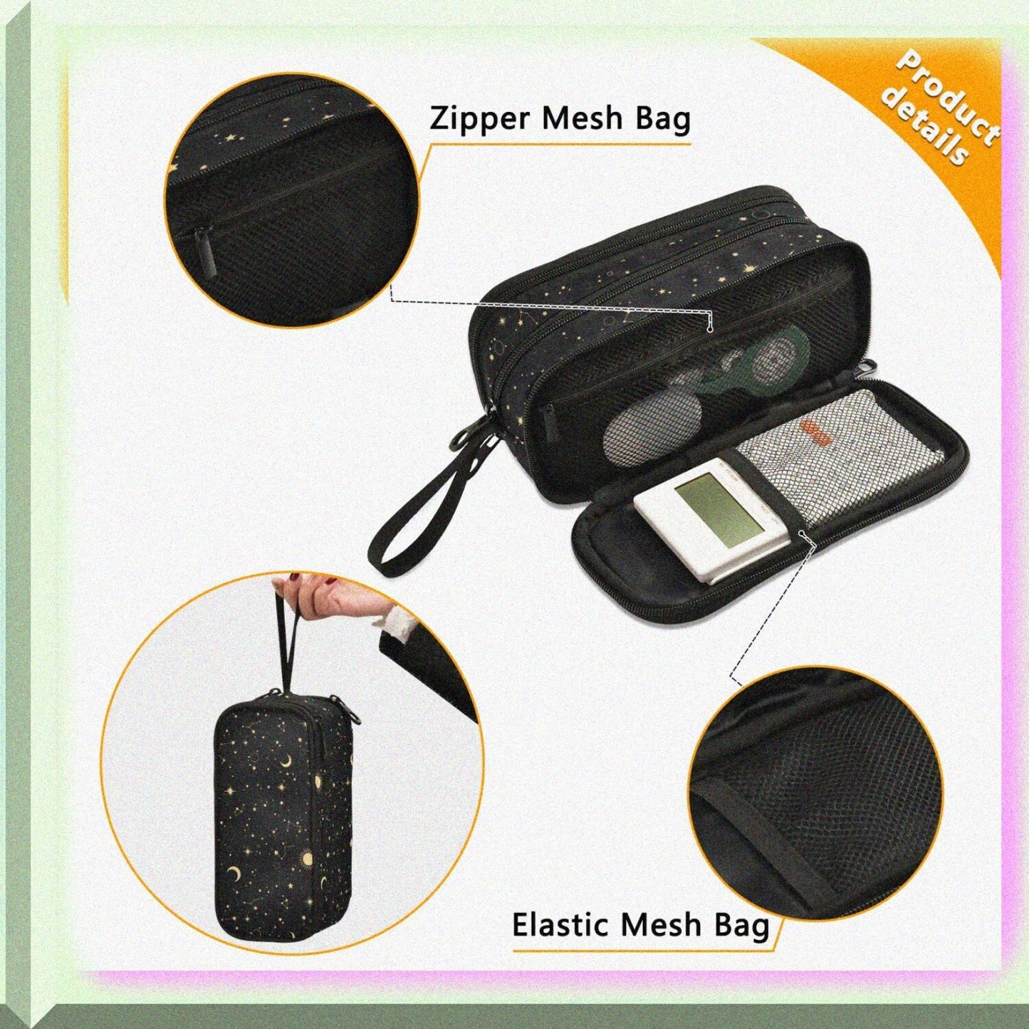 Nylon Pencil Case with Zipper, Starry Night Design