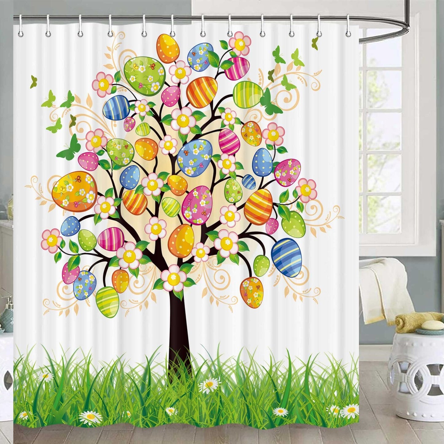 Eggs and Floral Fabric Shower Curtain 72x72 Inches