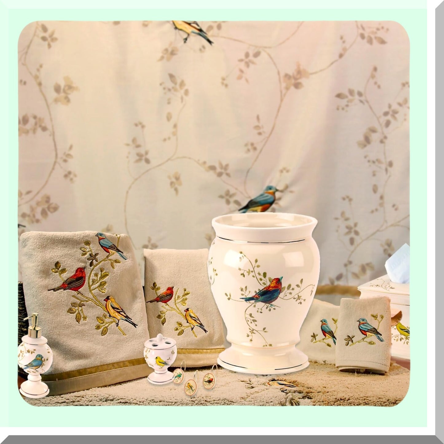 Gilded Birds Waste Basket Ivory