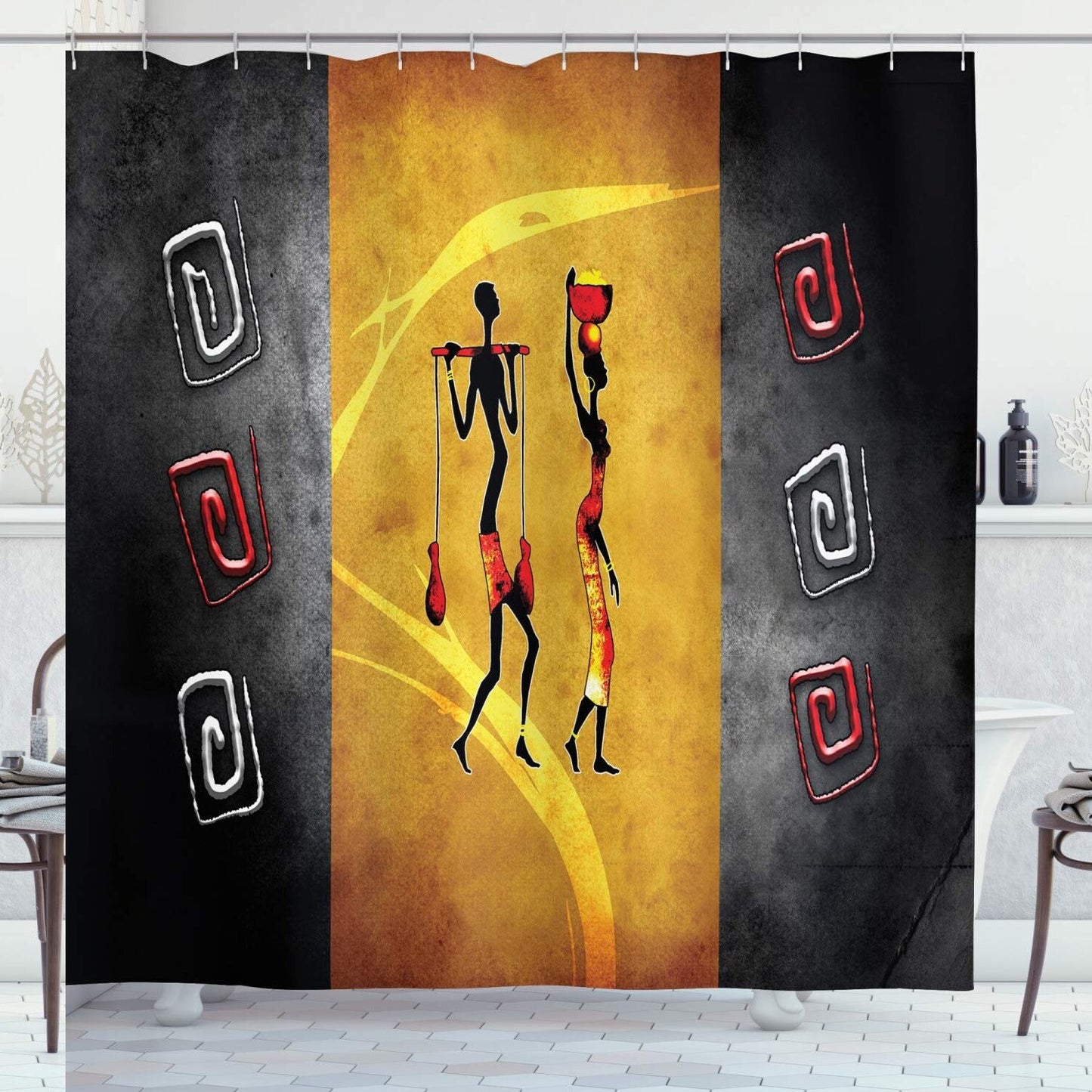 African Shower Curtain with Local Elements, 69" x 70"