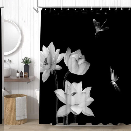 Black Floral Shower Curtain with Hooks