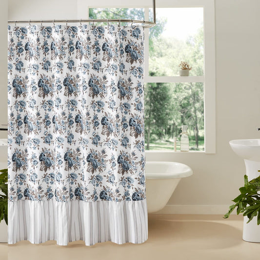Blue Floral Ruffled Farmhouse Shower Curtain 72x72