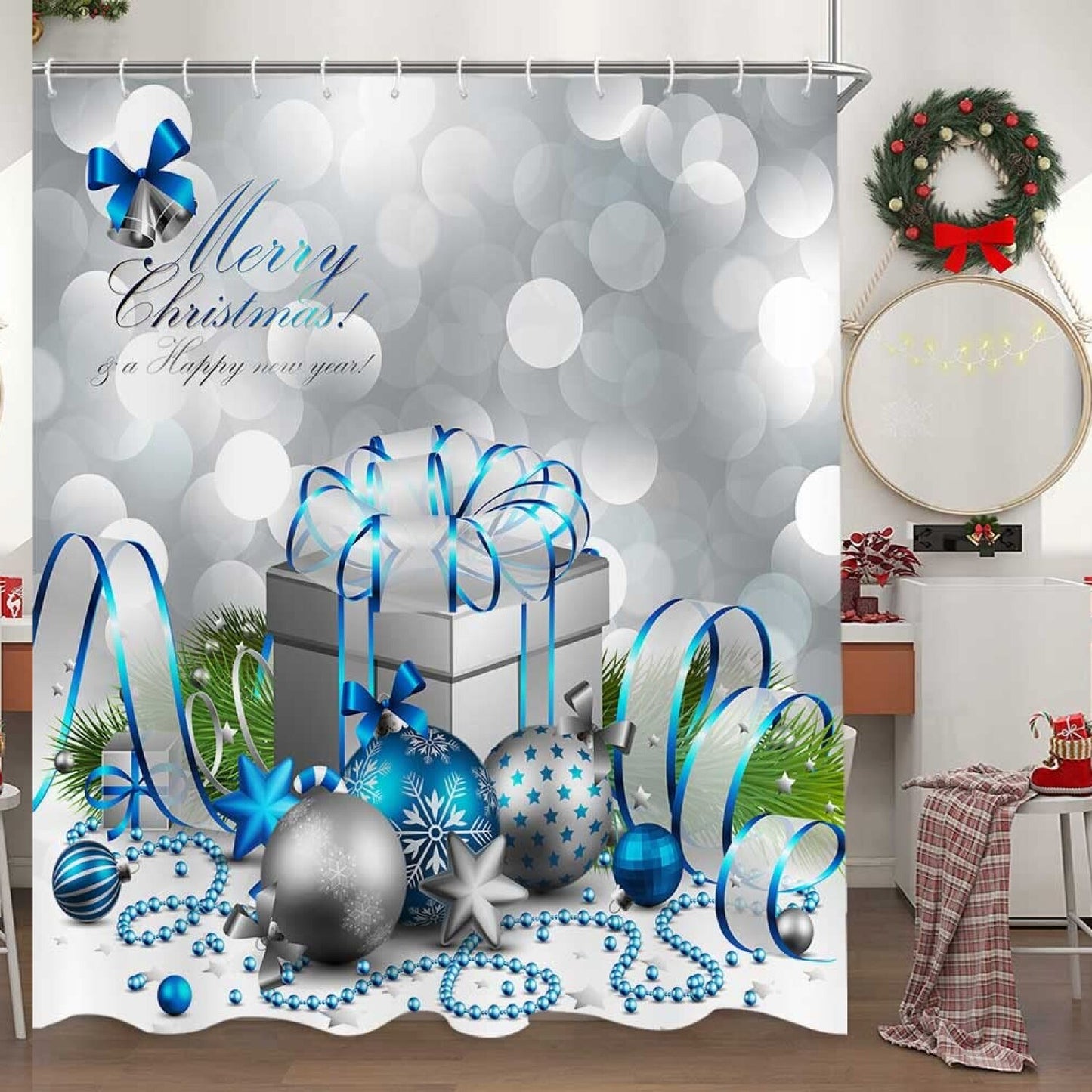 Holiday Shower Curtain with Silver and Blue Xmas Balls