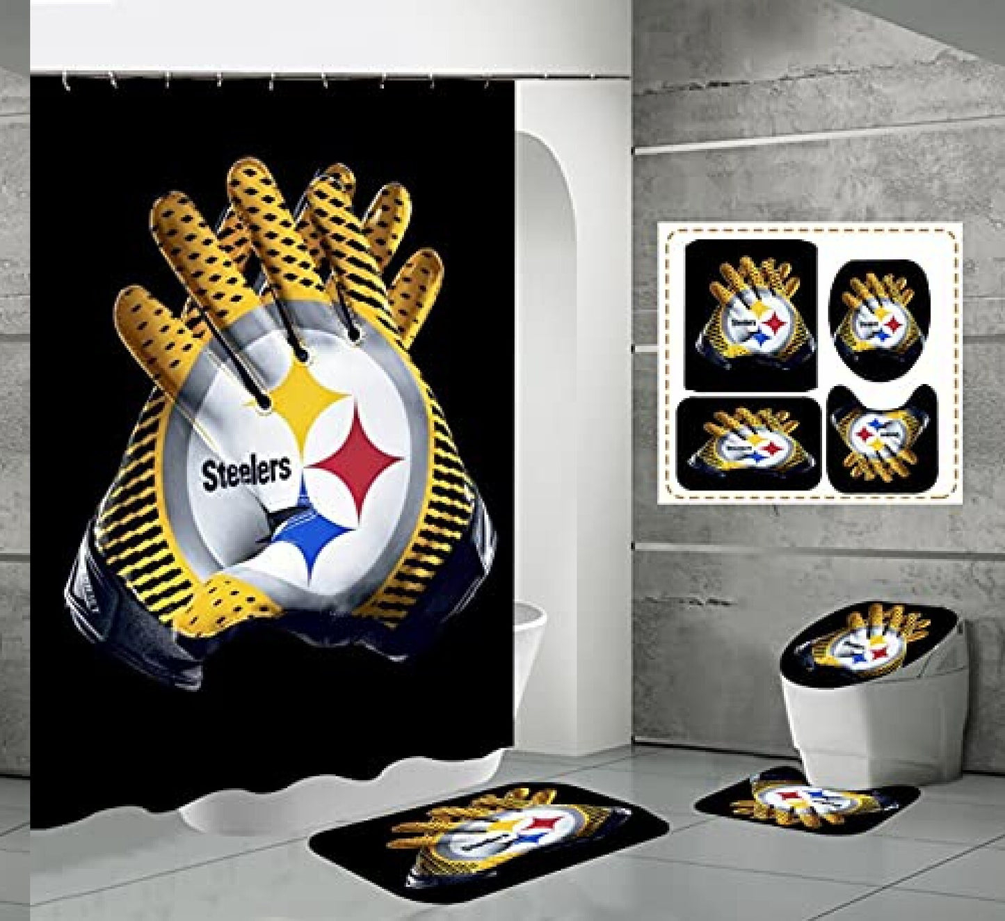 4 Pcs Shower Curtain Set with Rugs and Hooks