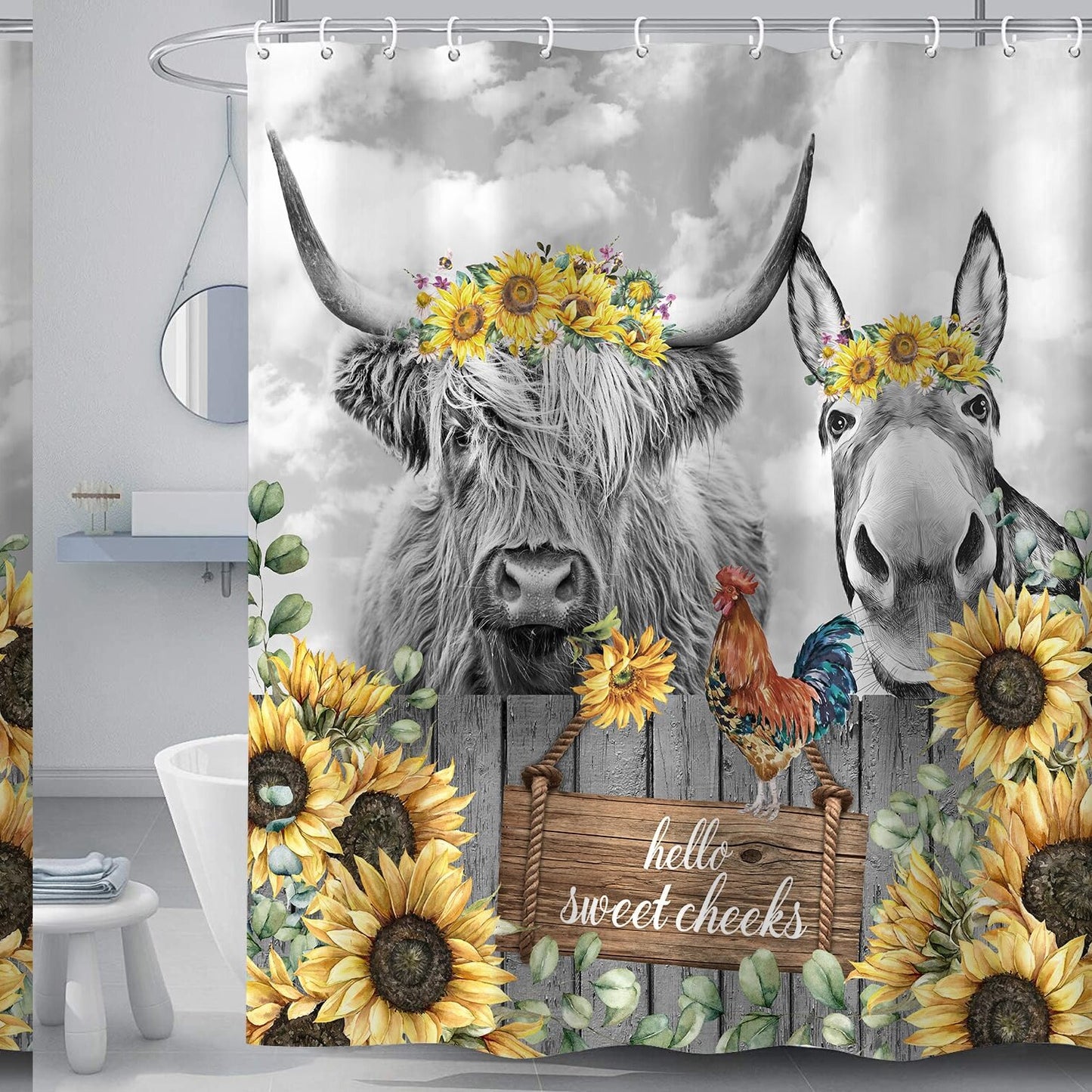 Highland Cow Donkey Farmhouse Shower Curtain 69x72 Inches