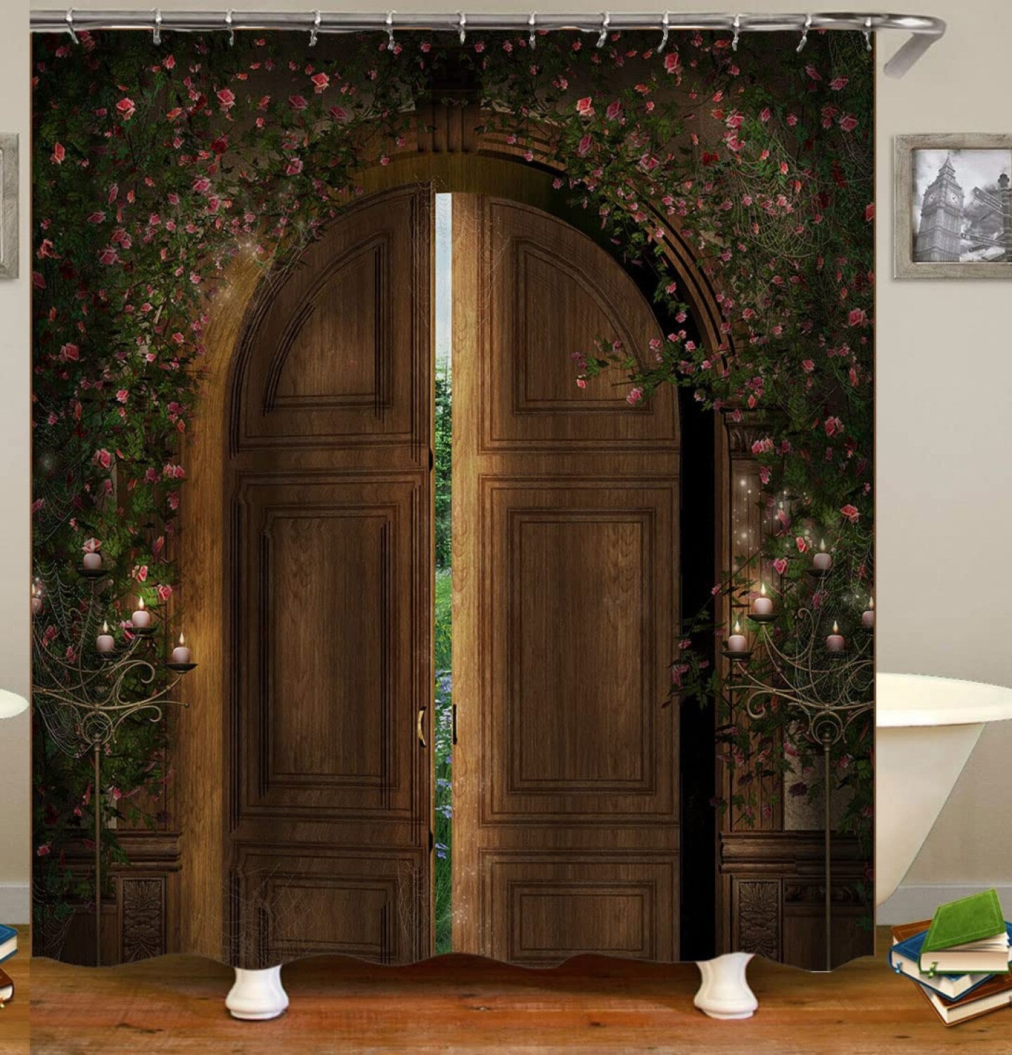 Fairy Garden Castle Wooden Door Candle Shower Curtain 72x72 Inches