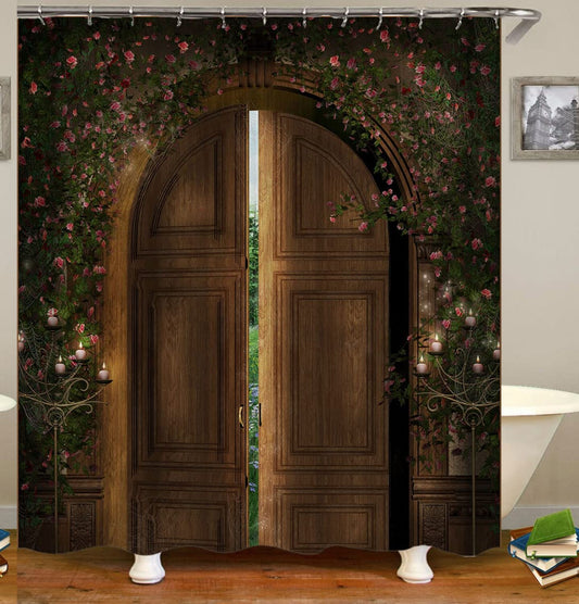 Fairy Garden Castle Wooden Door Candle Shower Curtain 72x72 Inches