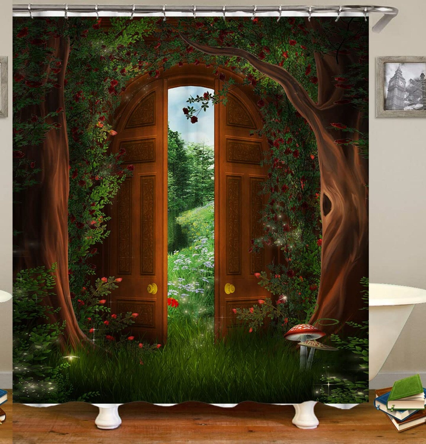 Green Forest Gate Vines Fabric Shower Curtain 72x72 Inch