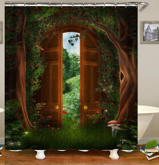 Green Forest Gate Vines Fabric Shower Curtain 72x72 Inch