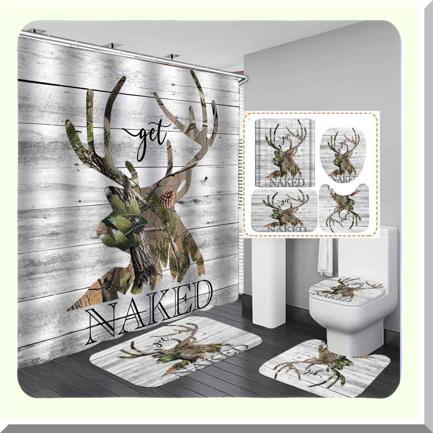 4PCS Rustic Deer Shower Curtain Set with Bath Rugs
