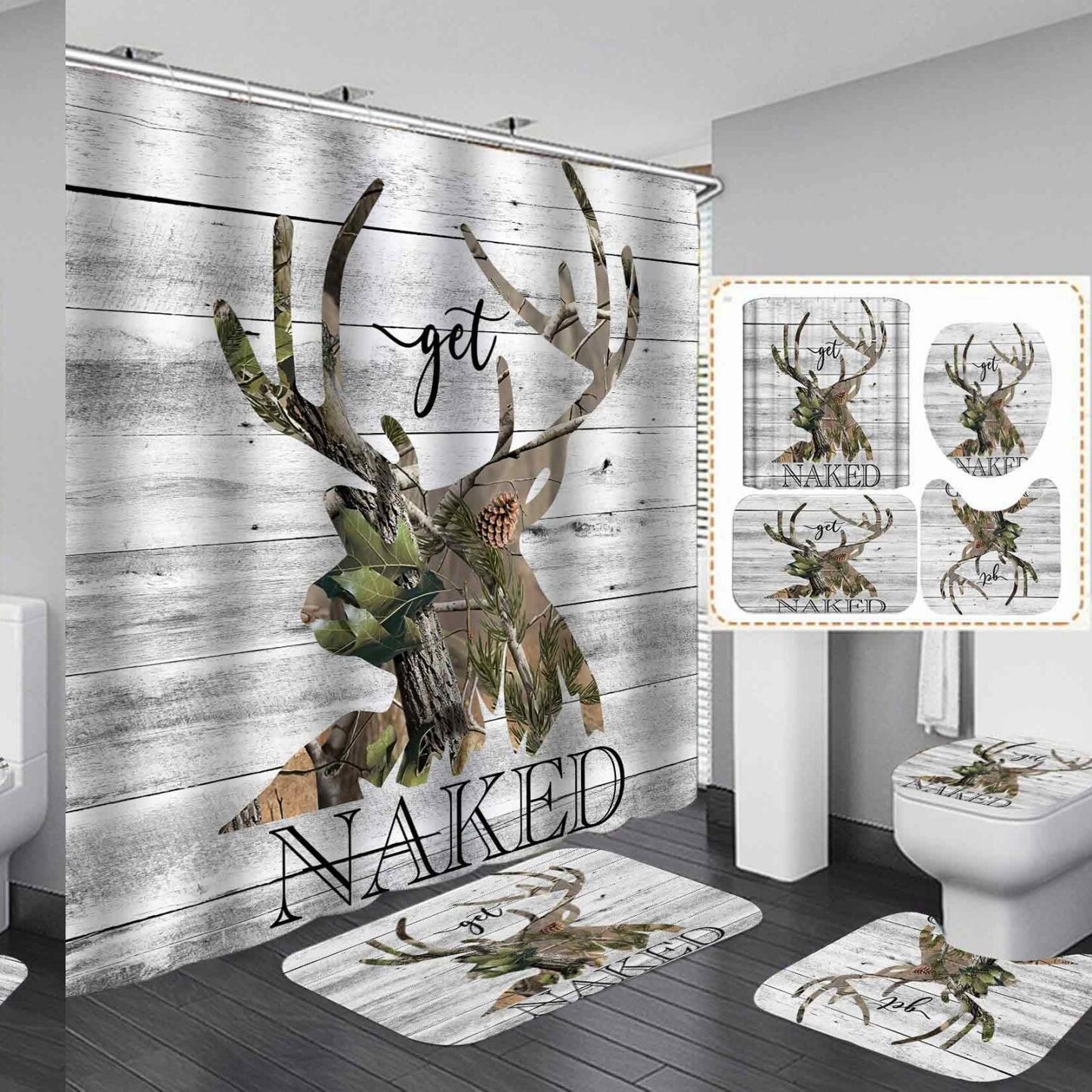 4PCS Rustic Deer Shower Curtain Set with Bath Rugs