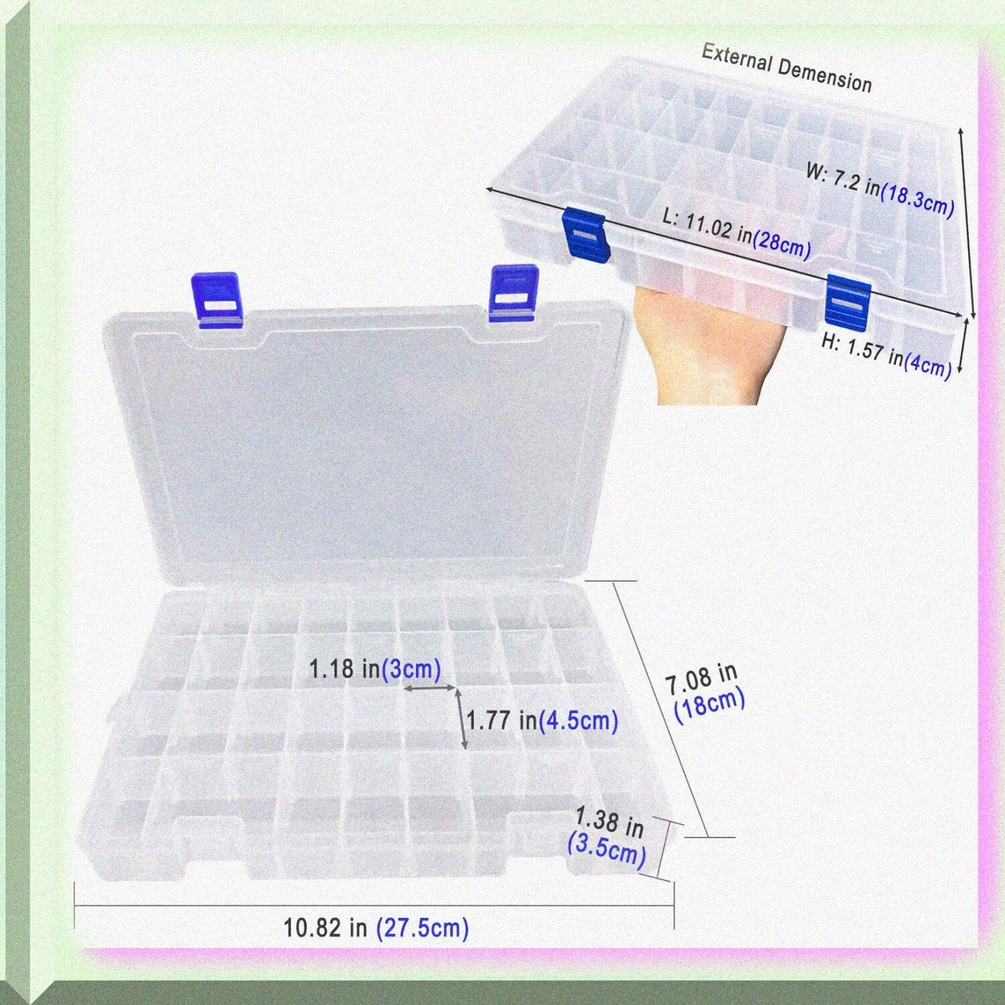 Plastic Compartment Box with 34 Adjustable Dividers, Clear