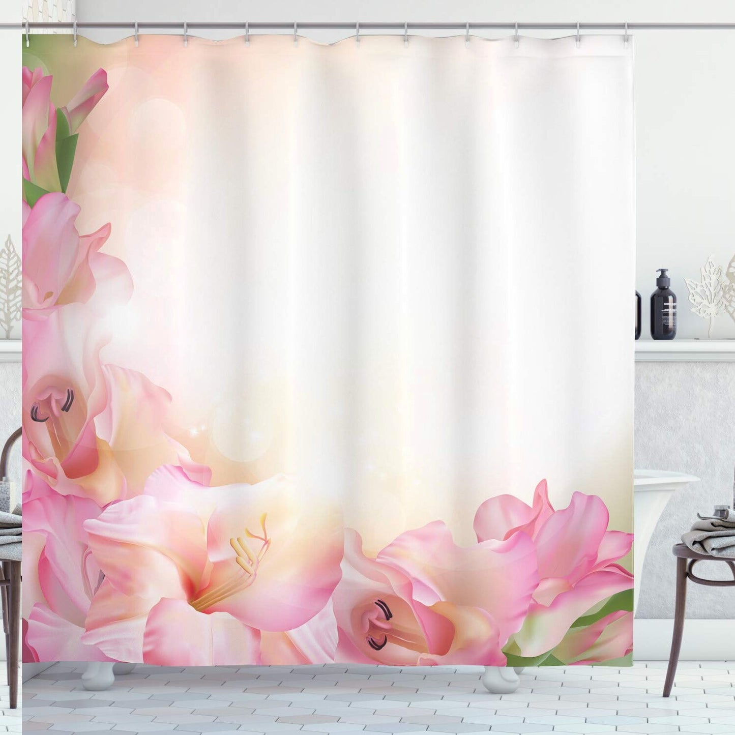 Pink and White Floral Shower Curtain 69" x 70"
