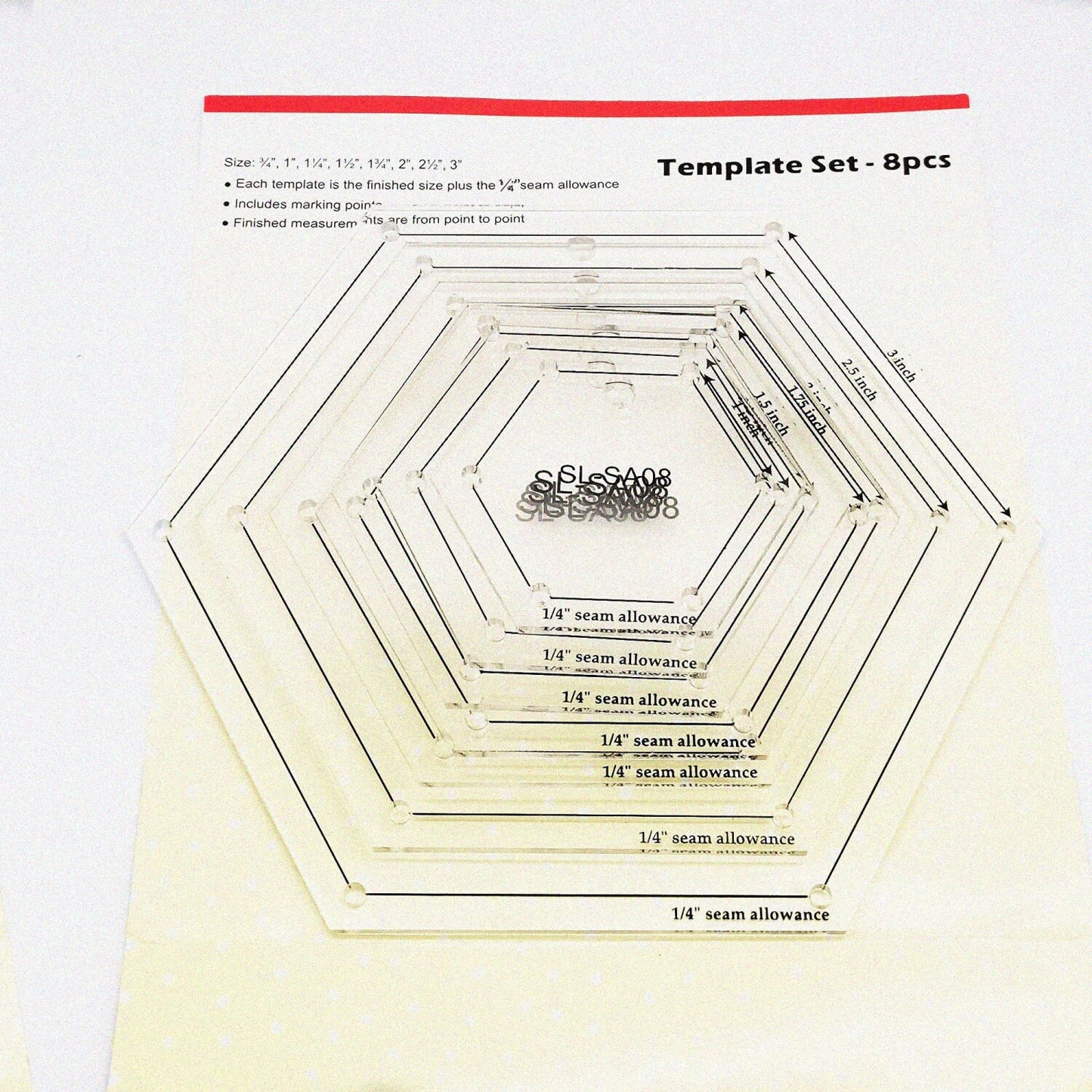 1/4" Seam Allowance Hexagon Template Set for Quilting 8 Sizes
