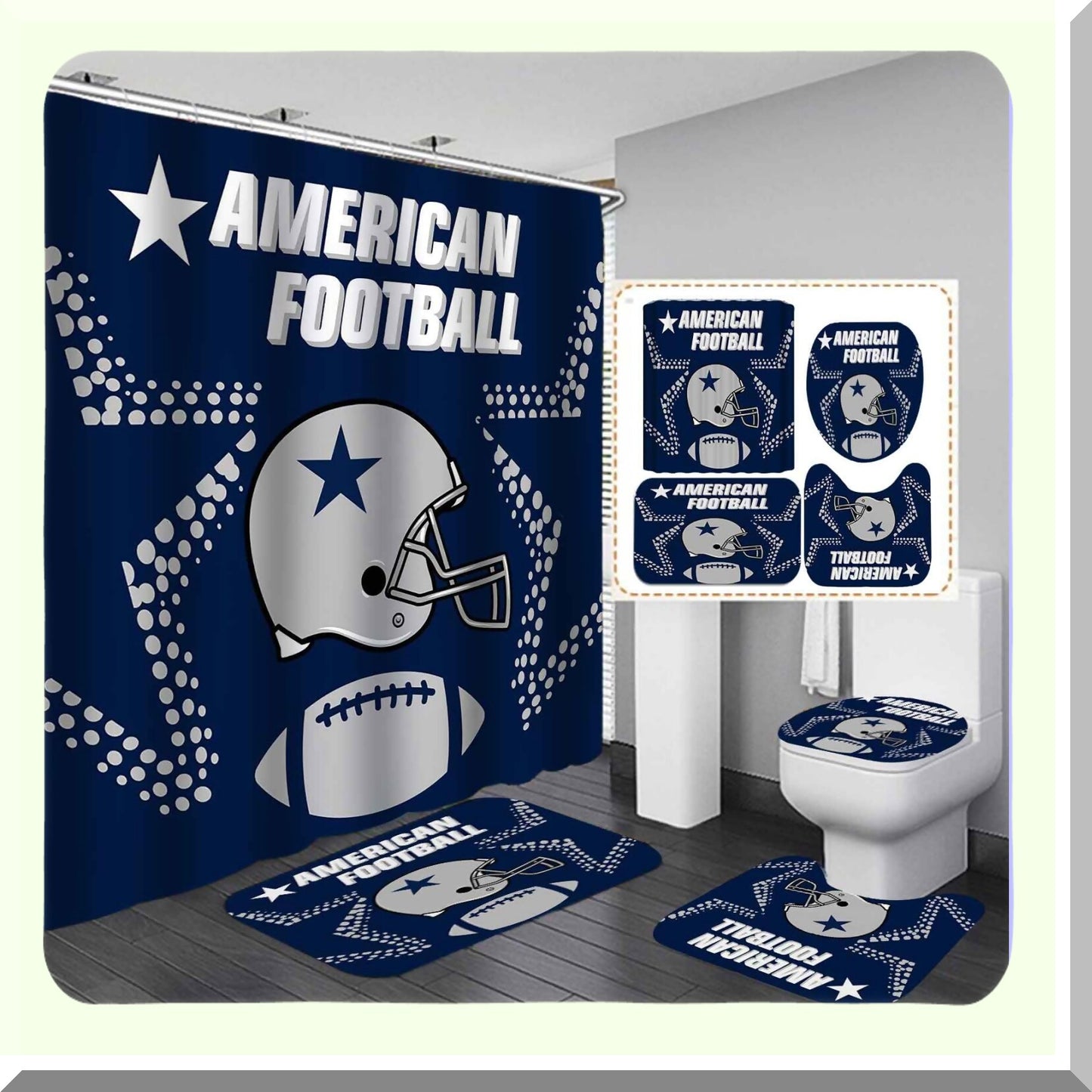 4PCS Sports Shower Curtain Set with Non-Slip Bath Mat