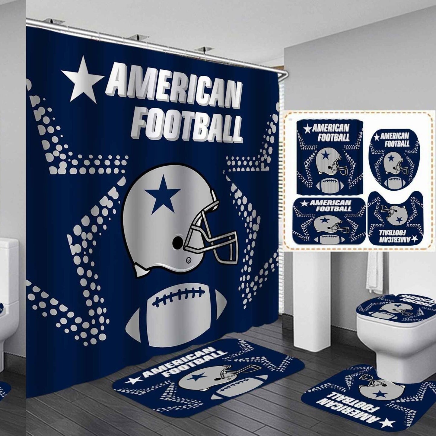 4PCS Sports Shower Curtain Set with Non-Slip Bath Mat
