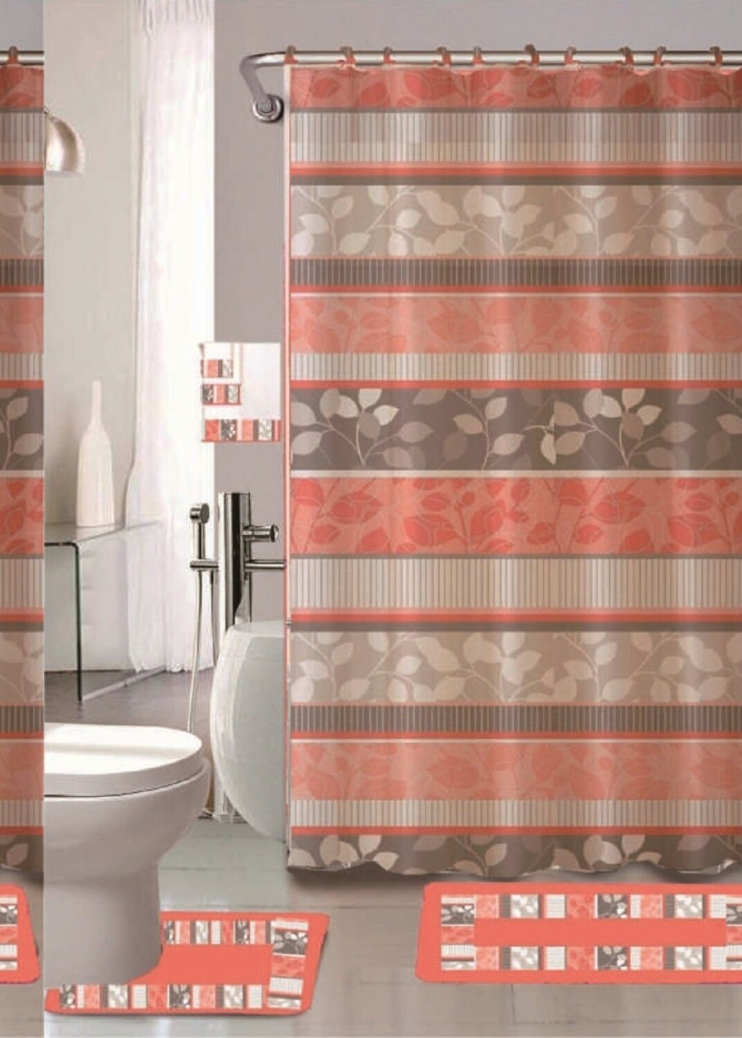18-Piece Peach Bathroom Set with Rugs, Curtain, Towels
