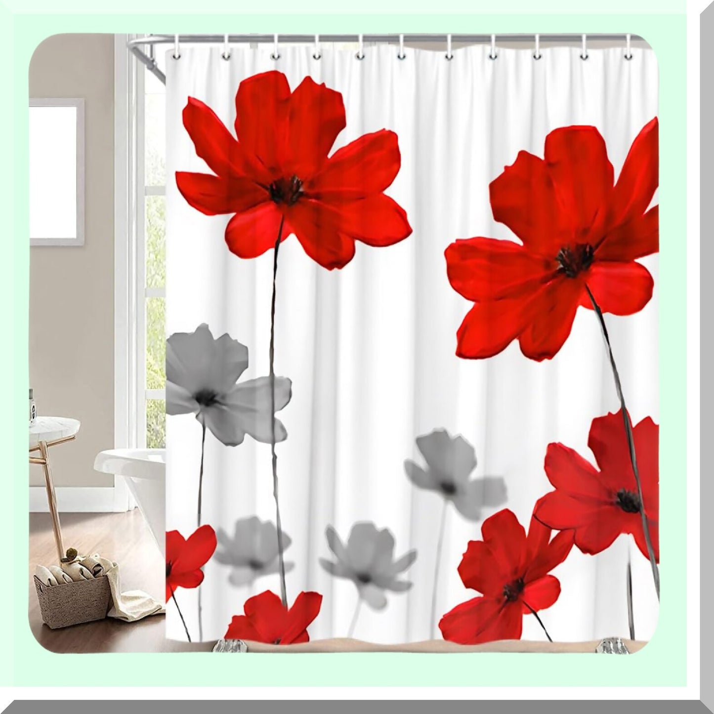 Red Flower Watercolor Shower Curtain with Hooks