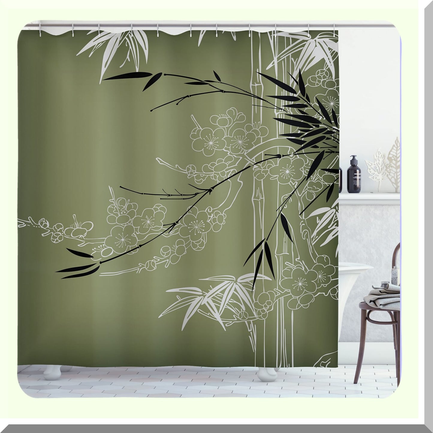 Asian Print Shower Curtain 69x70 Olive Green