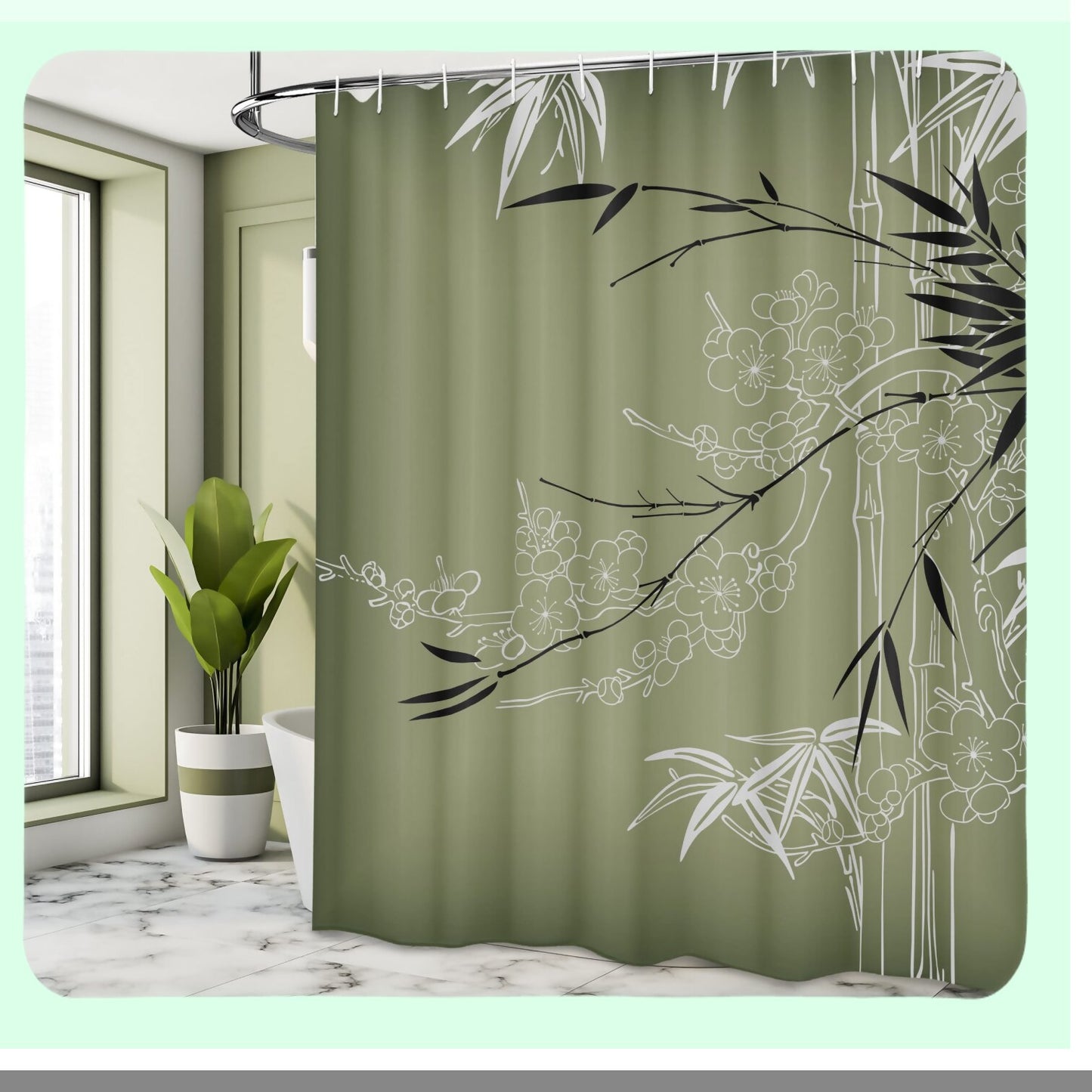 Asian Print Shower Curtain 69x70 Olive Green