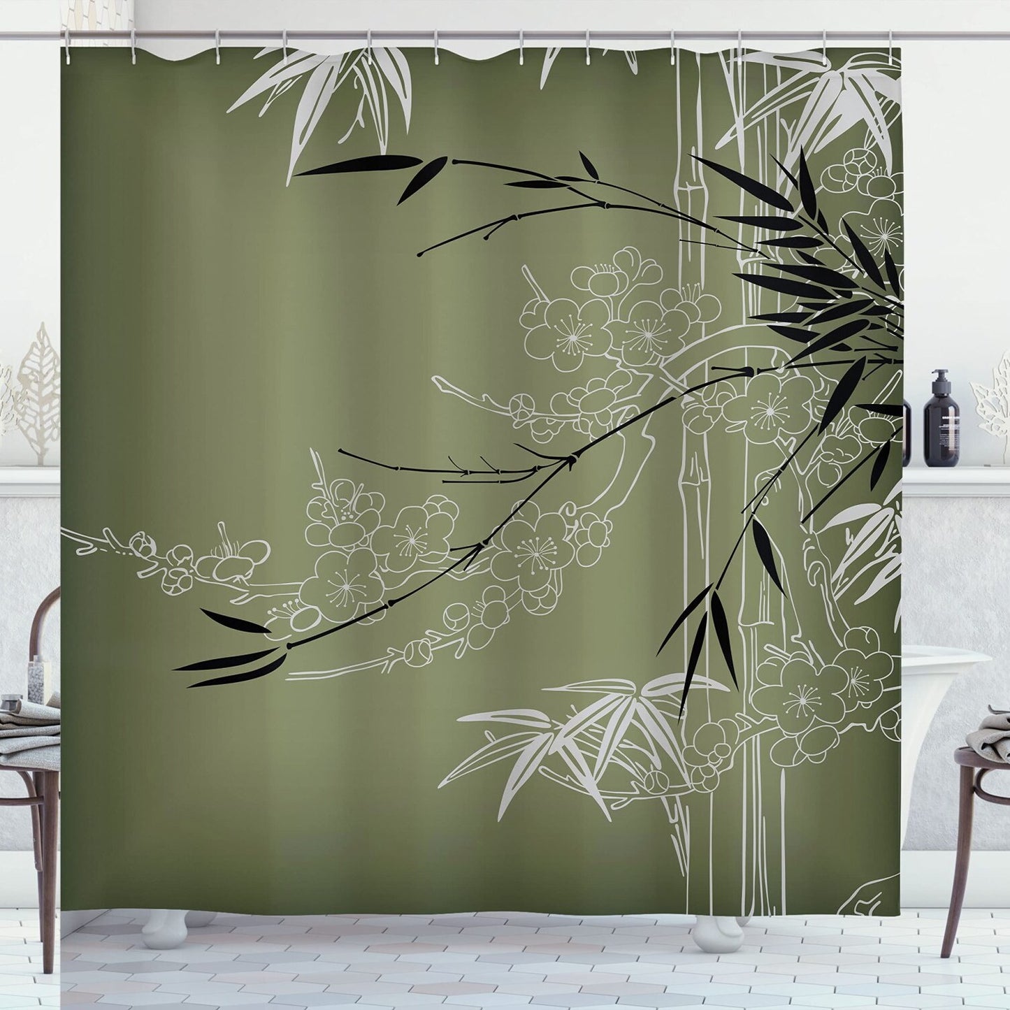 Asian Print Shower Curtain 69x70 Olive Green