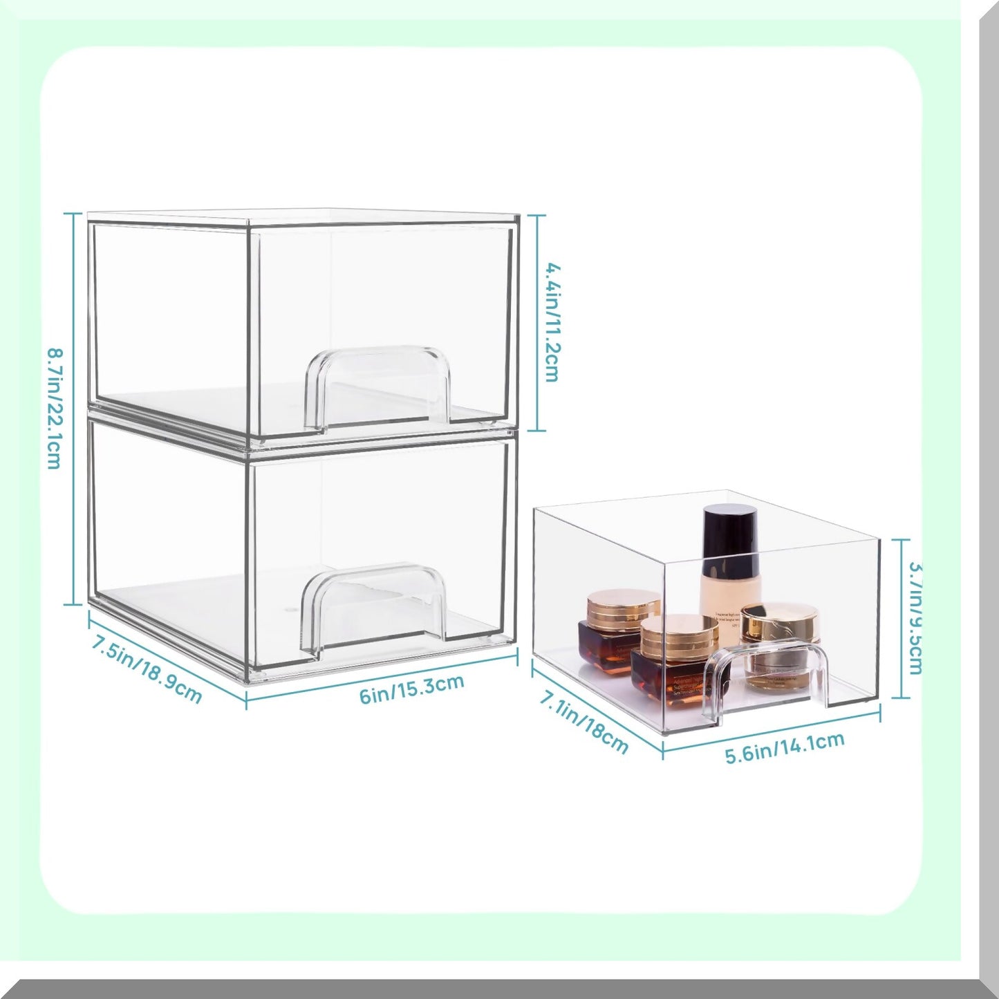 2 Pack Clear Acrylic Makeup Organizer Drawers